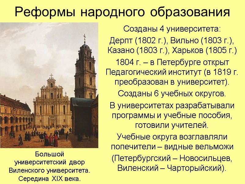 Реформы народного образования Созданы 4 университета: Дерпт (1802 г.), Вильно (1803 г.), Казано (1803